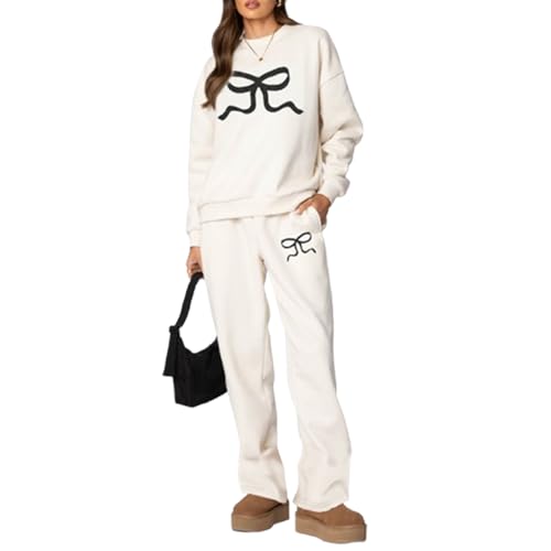 Trainingsanzug Damen Langarm Jogginganzug Rundhalsausschnitt Zweiteiler Outfit Set Einfarbig Tracksuit Schleife Sweatshirt+Jogginghose Hausanzug Yoga Gym Freizeit Sport (Beige, L) von Barbotimer