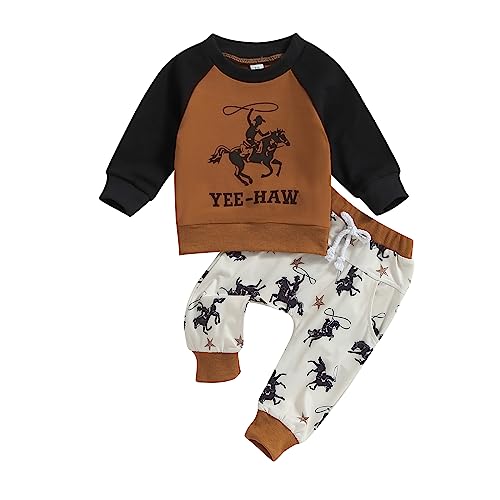 Zweiteiler Babykleidung Set Baby Kleinkind Jungen Mädchen Langarmshirt Sweatshirt + Hose Kleidung Outfit Sets Neugeborene Babyset Yee Haw Westernbull Jogginganzug Cowboy (Braun, 0-6 Monate) von Barbotimer