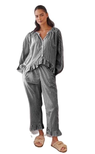 Zweiteiler Damen Sommer Y2k Damen Schlafanzug Lang Pyjama Damen Langarm Shirt Und Hose Set Rüschen Kariert Einfarbig Outfits Mit Knöpfen Nachtwäsche Damen Herbst Winter (Schwarz, L) von Barbotimer