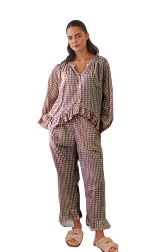 Zweiteiler Damen Sommer Y2k Damen Schlafanzug Pyjama Langarm Shirt und Hose Set Rüschen Kariert Outfits mit knöpfen Nachtwäsche Damen Langarmshirt Herbst Winter Lässig (Braun, XL) von Barbotimer