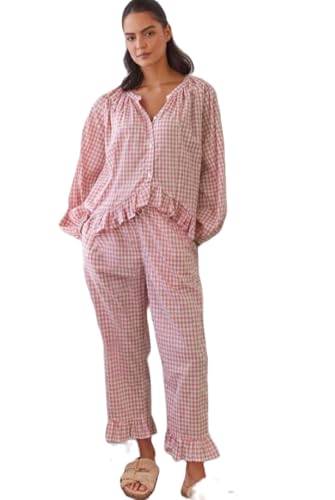 Zweiteiler Damen Sommer Y2k Damen Schlafanzug Pyjama Langarm Shirt und Hose Set Rüschen Kariert Outfits mit knöpfen Nachtwäsche Damen Langarmshirt Herbst Winter Lässig (Orange, L) von Barbotimer