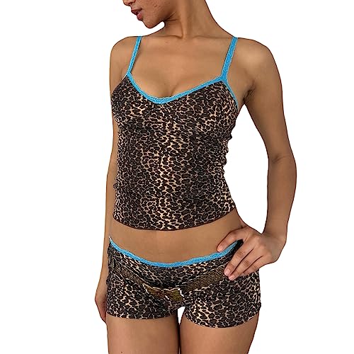 Zweiteiler Damen Sommer Y2k Top und Kurze Hose Set Pyjama Ärmellos Spaghettiträger Top Schleife Spitze Rückenfreies Oberteil Gestreift Leopard Blumendruck Outfits Slim Fit (Leopardendruck, S) von Barbotimer