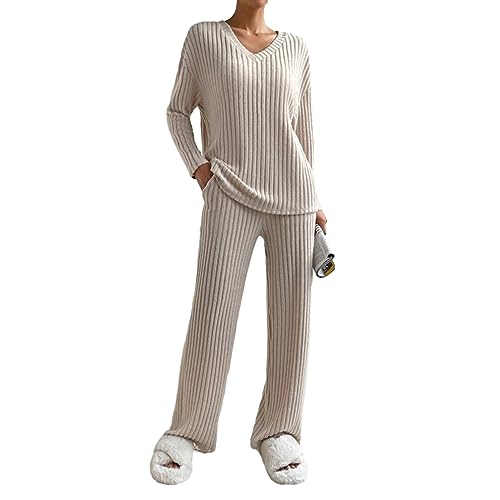Zweiteiler Lounge Set Damen Strick Jogginganzug Langarm Strickpullover Oberteile und Weite Hose Hausanzug V-Ausschnitt Rippenstrick Loungewear Freizeit Outfits Set Winter Strickanzug (Aprikose, XL) von Barbotimer
