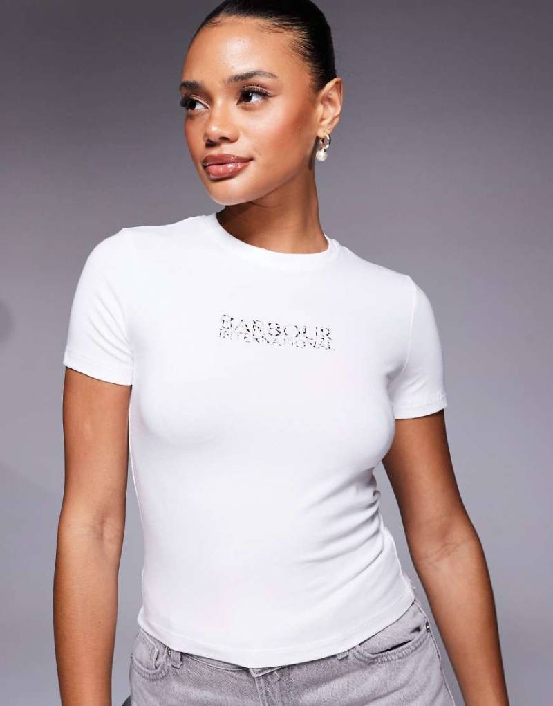 Barbour international - Harley - Schmal geschnittenes T-Shirt in Ecru mit Logo in Leopardenlook-Weiß von Barbour International