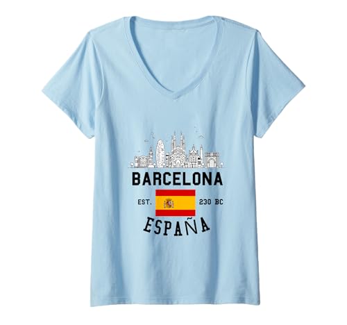 Damen Barcelona Spanien Souvenir Flagge Bandera España Männer Frauen Mädchen T-Shirt mit V-Ausschnitt von Barcelona Spain Souvenir Skyline