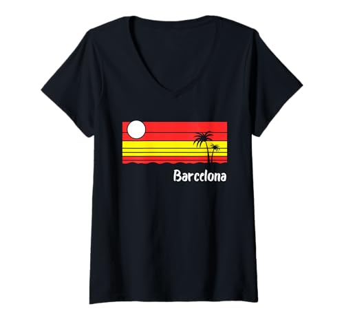 Damen Barcelona Vintage Design Urlaub Spanien Flagge T-Shirt mit V-Ausschnitt Damen Barcelona Vintage Design Urlaub Spanien Flagge T-Shirt mit V-Ausschnitt von Barcelona Spanien Urlaub Geschenkidee