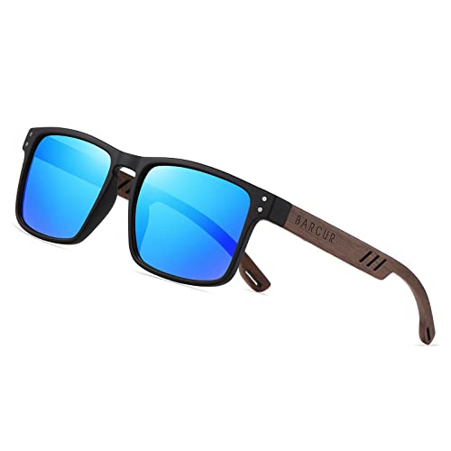 Barcur Quadrat Sonnenbrille Herren Holz Polarisiert uv400 Schutz (Blau) von Barcur