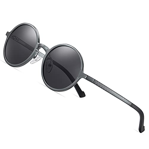 Barcur Retro Sonnenbrille Herren Rund Vintage Polarisierende Design (Grau Einzelne Brücke) von Barcur