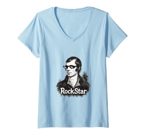 Damen Robert Burns „Rockstar“, Dichterdesign T-Shirt mit V-Ausschnitt von Bard & Rebel Apparel