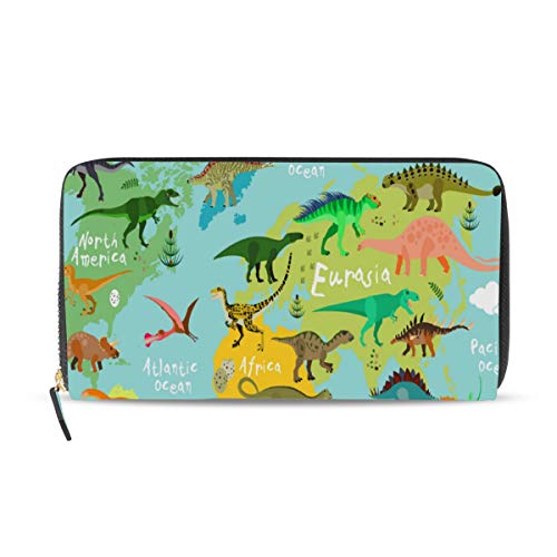 GIGIJY Geldbörse mit Dinosaurier-Weltkarten-Design, mehrere Kreditkartenfächer, Tasche für Damen, Leder, Reißverschluss, lange Geldbörse, multi, Einheitsgröße von Bardic