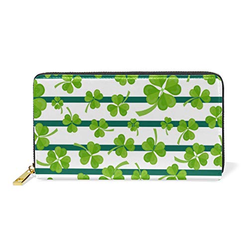 GIGIJY Geldbörse mit Kleeblättern und dunkelgrünen Streifen, mehrere Kreditkartenfächer, Tasche für Damen, echtes Leder, mit Reißverschluss, lange Geldbörse, multi, Einheitsgröße von Bardic