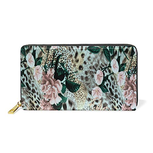 GIGIJY Geldbörse mit Tier-Blumenmuster, Leopardenmuster, mehrere Kreditkartenfächer, Tasche für Damen, echtes Leder, mit Reißverschluss, lange Geldbörse, multi, Einheitsgröße von Bardic