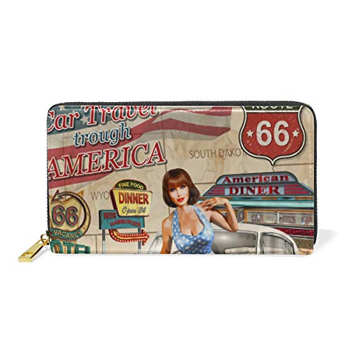 GIGIJY Vintage Design Amerika Reise Poster Geldbörse Multi Kreditkartenhalter Tasche für Frauen Echtes Leder Reißverschluss Lange Geldbörse, multi, Einheitsgröße von Bardic