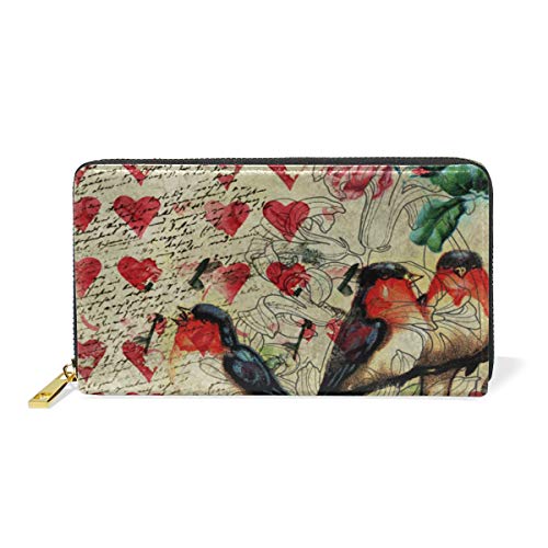 GIGIJY Vintage Valentinstag Thema Vogel Geldbörse Multi Kreditkartenhalter Tasche für Frauen Echtes Leder Reißverschluss Lange Geldbörse, multi, Einheitsgröße von Bardic
