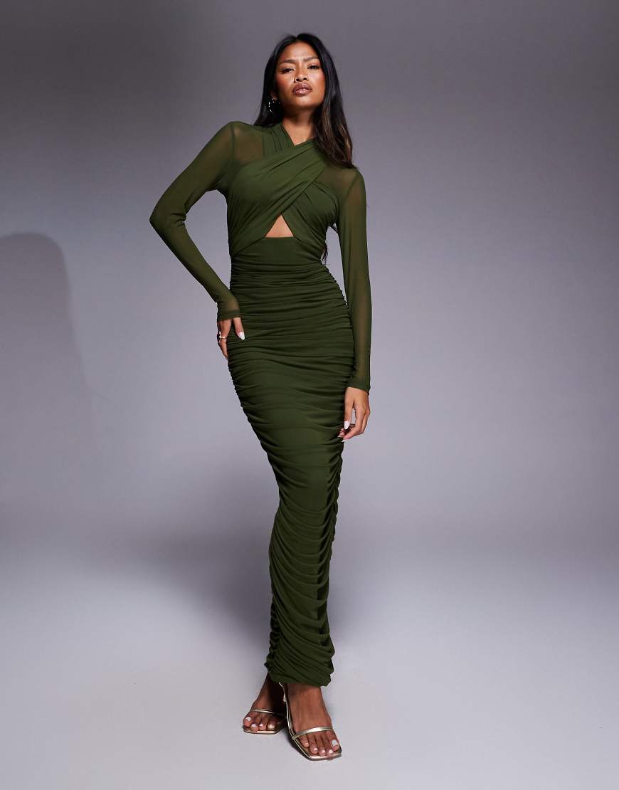 Bardot - Aliyah - Midi-Wickelkleid aus Netzstoff in dunklem Khaki-Grün von Bardot