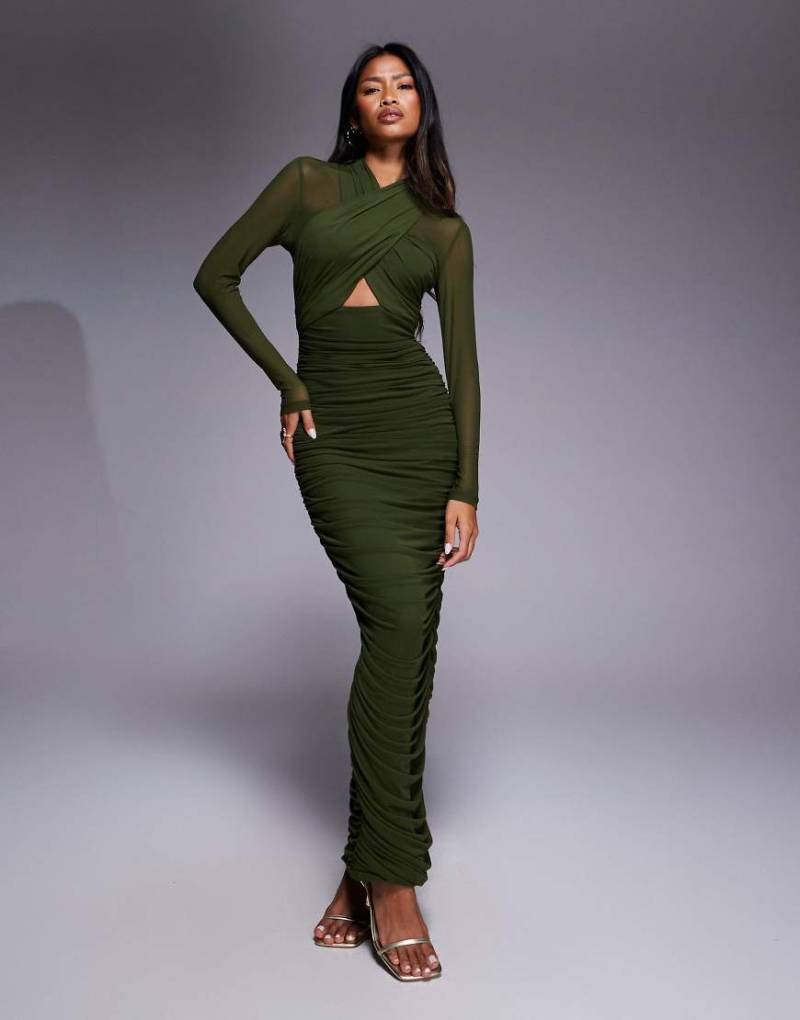Bardot - Aliyah - Midi-Wickelkleid aus Netzstoff in dunklem Khaki-Grün von Bardot