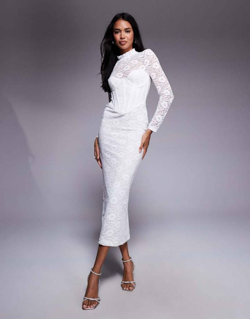 Bardot - Carmen - Langärmliges Midikleid aus Spitze in Orchideenweiß mit Korsett von Bardot