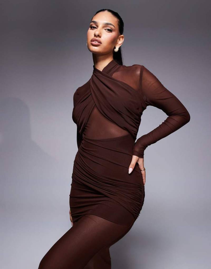 Bardot - Veria - Gewickeltes Maxikleid aus Netzstoff in Schokobraun von Bardot