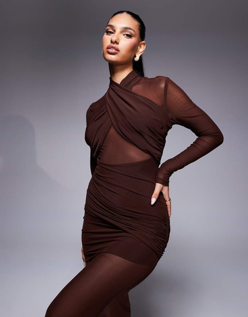 Bardot - Veria - Gewickeltes Maxikleid aus Netzstoff in Schokobraun von Bardot