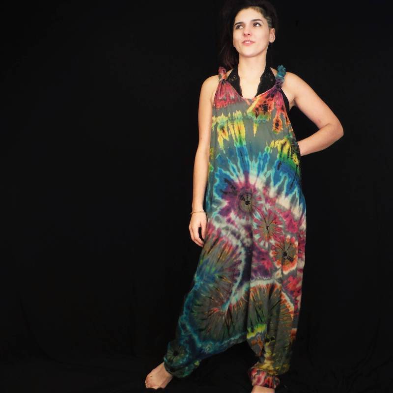 Tie Dye Jumpsuit Harem Unten Grau/Blau Regenbogen Festival Latzhose Strampler Onesie Hippy Overall Baggy Comfy Unisex von BareCanvasClothing