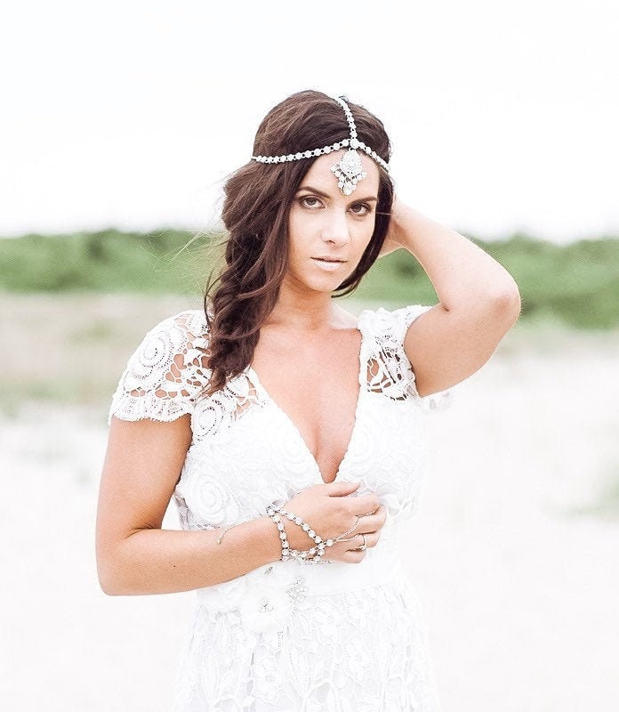 Leah Haar Schmuck Braut Kopf Kette Kopfbedeckungen Strass Boho Silber von BareSandals