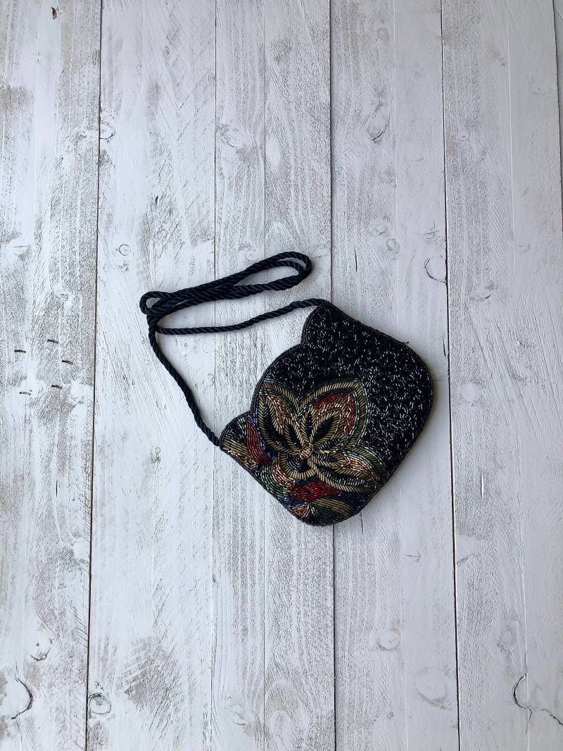 La Bagagerie Paris Jean Marlaix Balck Floral Motiv Perlen Abend Clutch Tasche von BarefootVintageShop