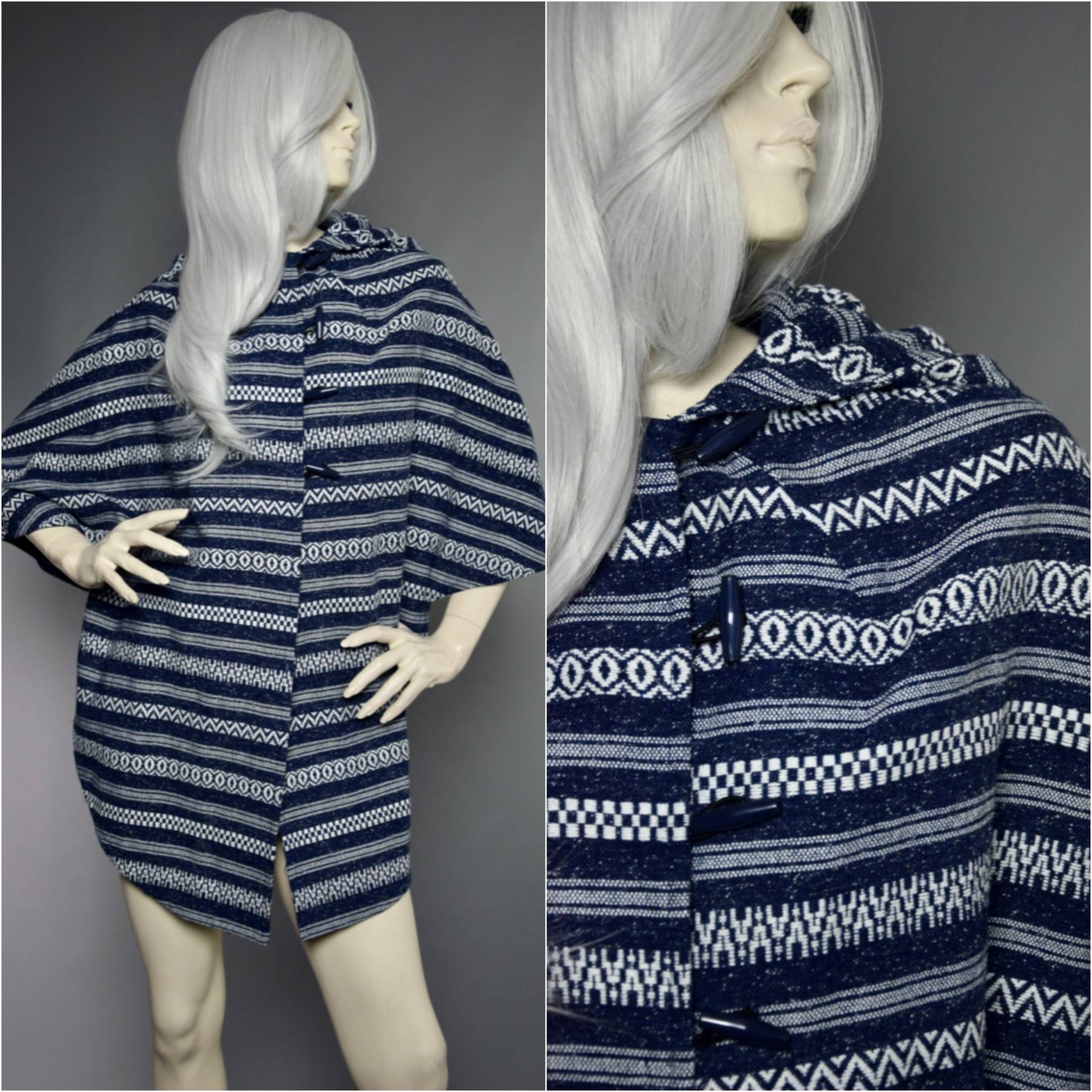 Riddella Blaue Jacke | 70Er Kapuzen Cape Knöpfter Duffle Mantel von BarefootVintageShop