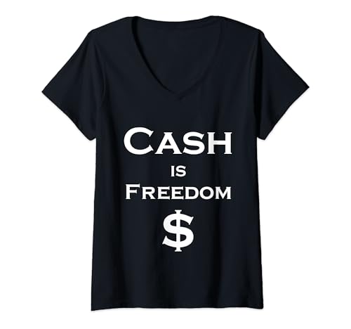 Damen Cash is FREEDOM $ - weiß mit schwarzem Rand T-Shirt mit V-Ausschnitt von Bargeld Freiheit Demokratie Unabhängigkeit