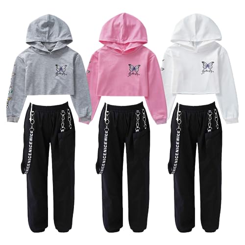 Barielle 10013 Zweiteiliges Hip Hop Outfit für Kinder, Bauchfreier Hoodie, Cargohose mit Kettendesign, Tanzoutfit, Pink, 158-164 von Barielle