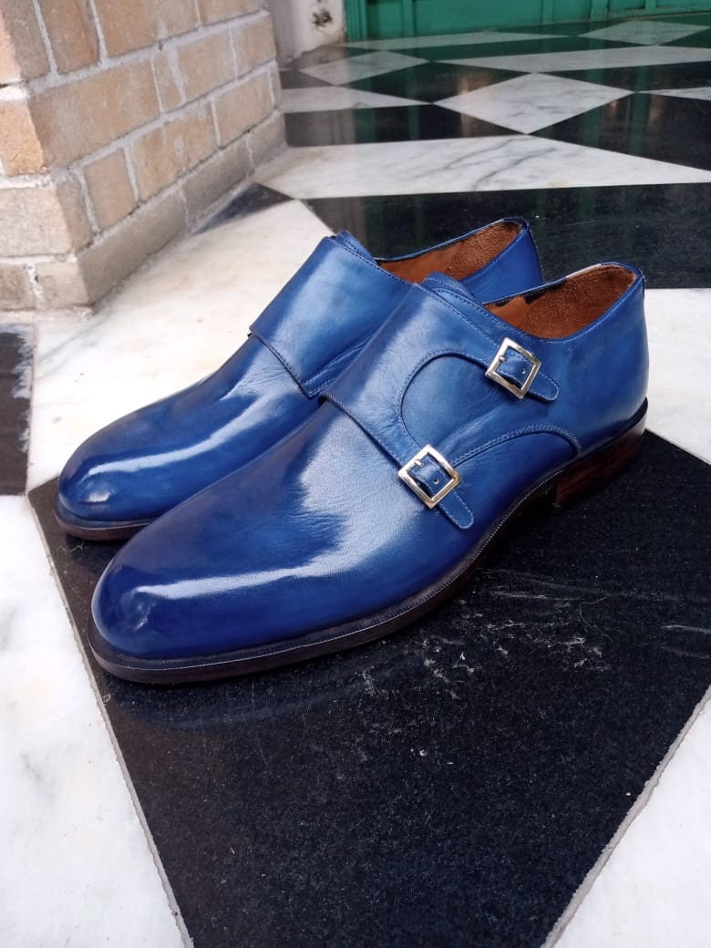 Herren Double Monk Schuhe | Blau Patina Strap Handgefertigte Echtleder Männer Breite Blaue Trachtenschuhe von BarismilLeathers