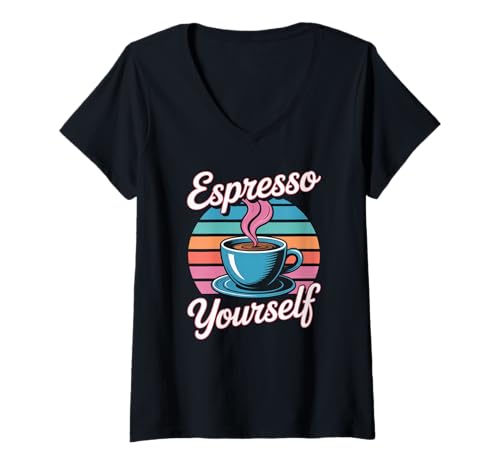 Damen Lustige Espresso Yourself Retro Kaffeetasse Spruch bunt T-Shirt mit V-Ausschnitt Damen Lustige Espresso Yourself Retro Kaffeetasse Spruch bunt T-Shirt mit V-Ausschnitt von Barista Aesthetic Humor for Coffee Lovers Morning
