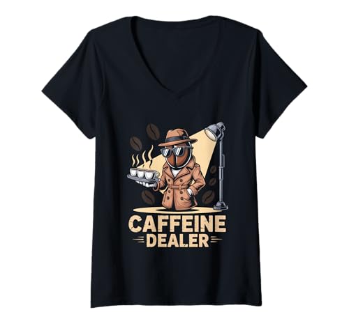 Damen Lustiger Spruch Koffeinhändler Kaffee süchtig Humor Frauen Männer T-Shirt mit V-Ausschnitt von Barista Joke Spy Coffee Bean Retro Morning Life