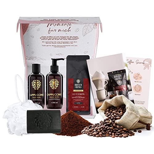 Einzigartiges Geschenk für Frauen | Premium Kaffee Wellness Geschenkset | 250g Kaffee, Cappuccino Duschgel und Seife, Kaffeepeeling, Duschschwamm | gemahlener Kaffee von Barista Royal
