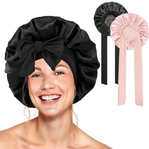 Barlone 2 Stück Seidenhaube zum Schlafen Lange Haare, Bonnet Seide, Silk Bonnet Bequem und Weich, Hair Bonnet, Schlafhaube Seide Verstellbares Breitband zur Befestigung am Kopf(Hellrosa/Schwarz) von Barlone