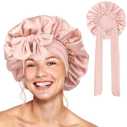 Barlone Seidenhaube zum Schlafen Lange Haare, Bonnet Seide, Silk Bonnet Weiche und Bequeme, Hair Bonnet, Schlafhaube Seide für Verstellbares Breites Band zur Befestigung am Kopf(Hellrosa) von Barlone