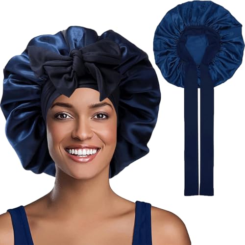 Barlone Seidenhaube zum Schlafen Lange Haare, Bonnet Seide, Silk Bonnet Weiche und Bequeme, Hair Bonnet, Schlafhaube Seide für Verstellbares Breites Band zur Befestigung am Kopf(Marineblau) von Barlone