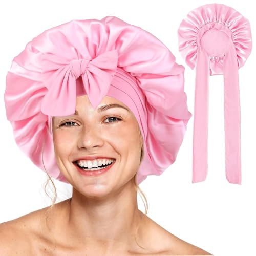 Barlone Seidenhaube zum Schlafen Lange Haare, Bonnet Seide, Silk Bonnet Weiche und Bequeme, Hair Bonnet, Schlafhaube Seide für Verstellbares Breites Band zur Befestigung am Kopf(Rosa) von Barlone
