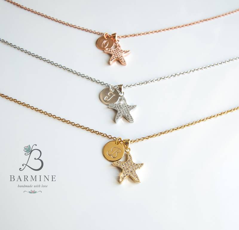 Personalisierte Seestern Halskette, Erste Rose Gold Silber Schmuck, Geschenk-Idee, Strand Hochzeit Geschenkidee, Brautjungfer Geschenk, Brief von BarmineStyle