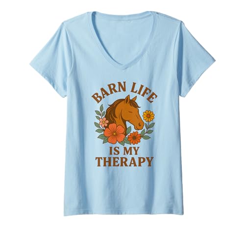 Damen Pferdeliebhaber Reiten Floral Barn Life is My Therapy T-Shirt mit V-Ausschnitt von Barn Life Equestrian Apparel for Women