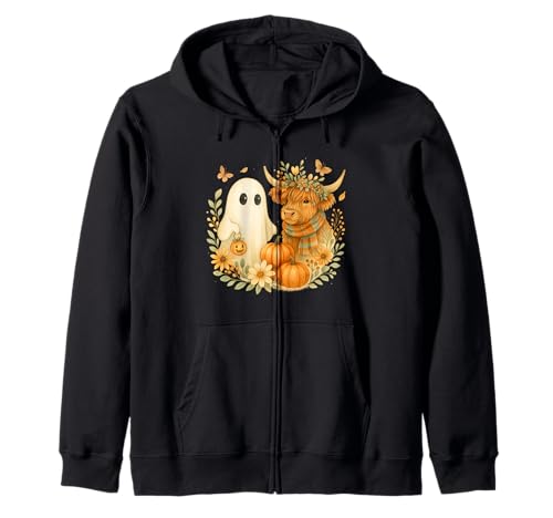 Highland Cow & Ghost Watercolor Pumpkin Patch Halloween Kapuzenjacke von Barnyard Boo Crew Co.