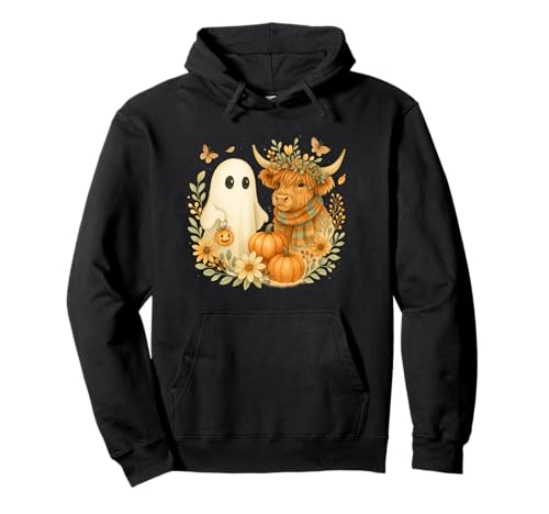 Highland Cow & Ghost Watercolor Pumpkin Patch Halloween Pullover Hoodie von Barnyard Boo Crew Co.