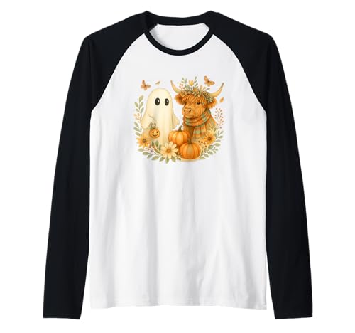 Highland Cow & Ghost Watercolor Pumpkin Patch Halloween Raglan von Barnyard Boo Crew Co.