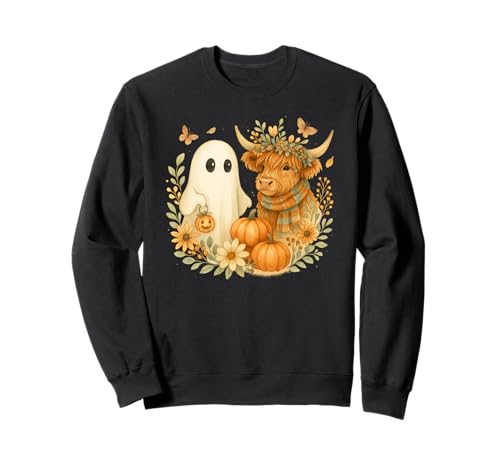 Highland Cow & Ghost Watercolor Pumpkin Patch Halloween Sweatshirt von Barnyard Boo Crew Co.