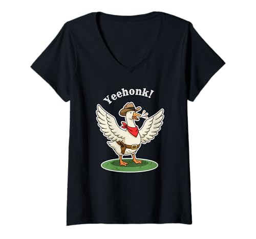 Damen Yeehonk Cowboy Gans Lustiges Westerntier T-Shirt mit V-Ausschnitt von Barnyard Legends