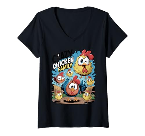 Damen Hühnerfamilie Cartoon Hahn Henne Küken T-Shirt mit V-Ausschnitt von Barnyard Rooster Hen Chick Humor Family