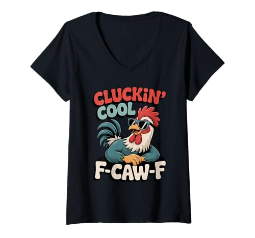 Damen Cluckin Cool F Caw F Sonnenbrille Rooster Humor T-Shirt mit V-Ausschnitt Damen Cluckin Cool F Caw F Sonnenbrille Rooster Humor T-Shirt mit V-Ausschnitt von Barnyard Rooster Humor Retro Chicken Cool