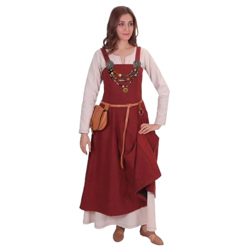 2-teiliges Kostümset Anna – mittelalterliches Wikinger-Überkleid mit Schürze und Schnürung auf der Rückseite + fransiges langärmliges Unterkleid für Damen (rot, L) von BaronHong