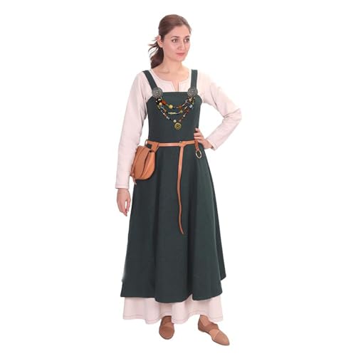 BaronHong 2-teiliges Kostümset Anna – mittelalterliches Wikinger-Überkleid mit Schürze und Schnürung auf der Rückseite + fransiges langärmliges Unterkleid für Damen (grün, L) von BaronHong