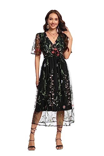 BaronHong Damen Blumen Bestickt Tüll Abschlussball Maxikleid mit Cami Kleid 3/4 Ärmel, Schwarz (B), XXL von BaronHong