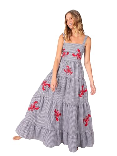 BaronHong Damen Bohemian Besticktes Cami Maxikleid Ärmellos Blumenmuster Spaghettiträger Maxikleid Fließend (Blau-Hummer, S) von BaronHong